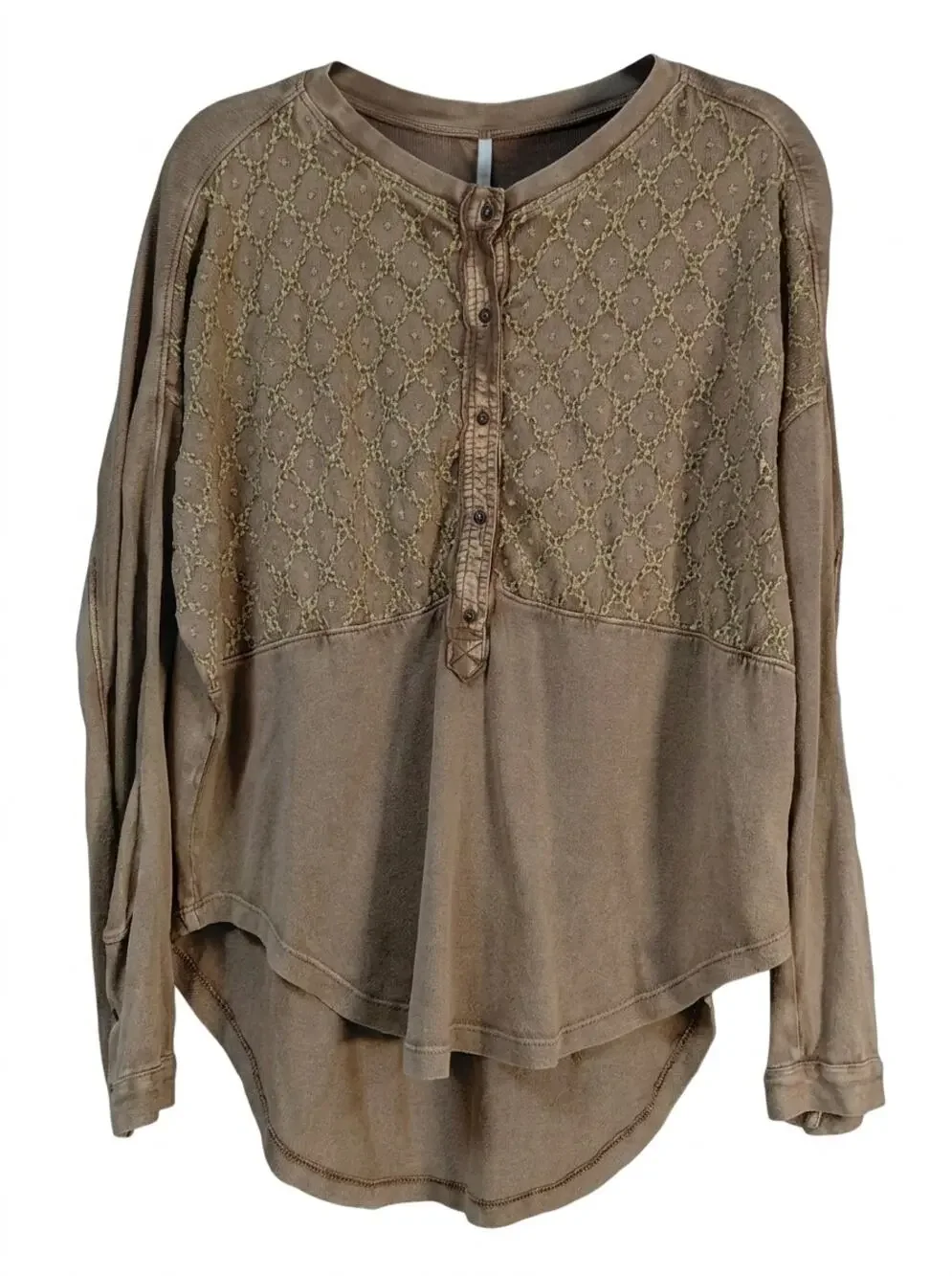Free People Brown Waffle Knit Henley Embroidered Lace Top Women Size XS